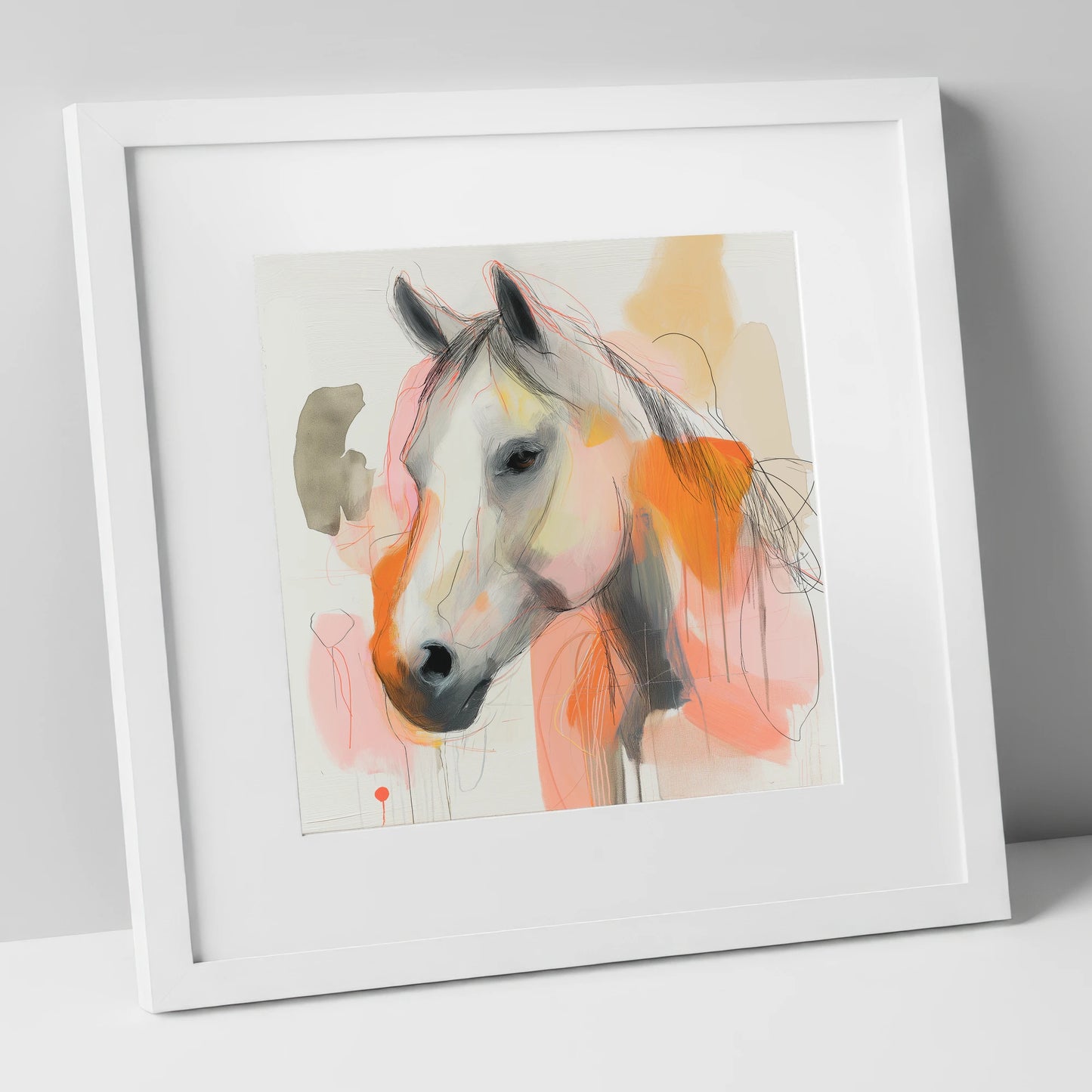 Vibrant Sunset Grey horse portrait art print in white frame