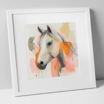 Vibrant Sunset Grey horse portrait art print in white frame