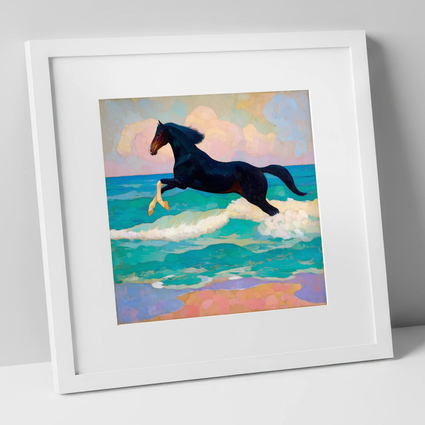 Cresting the Tide beach horse art print in white frame