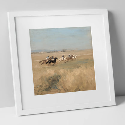 The Morning Gallop racing horse art print in white frame