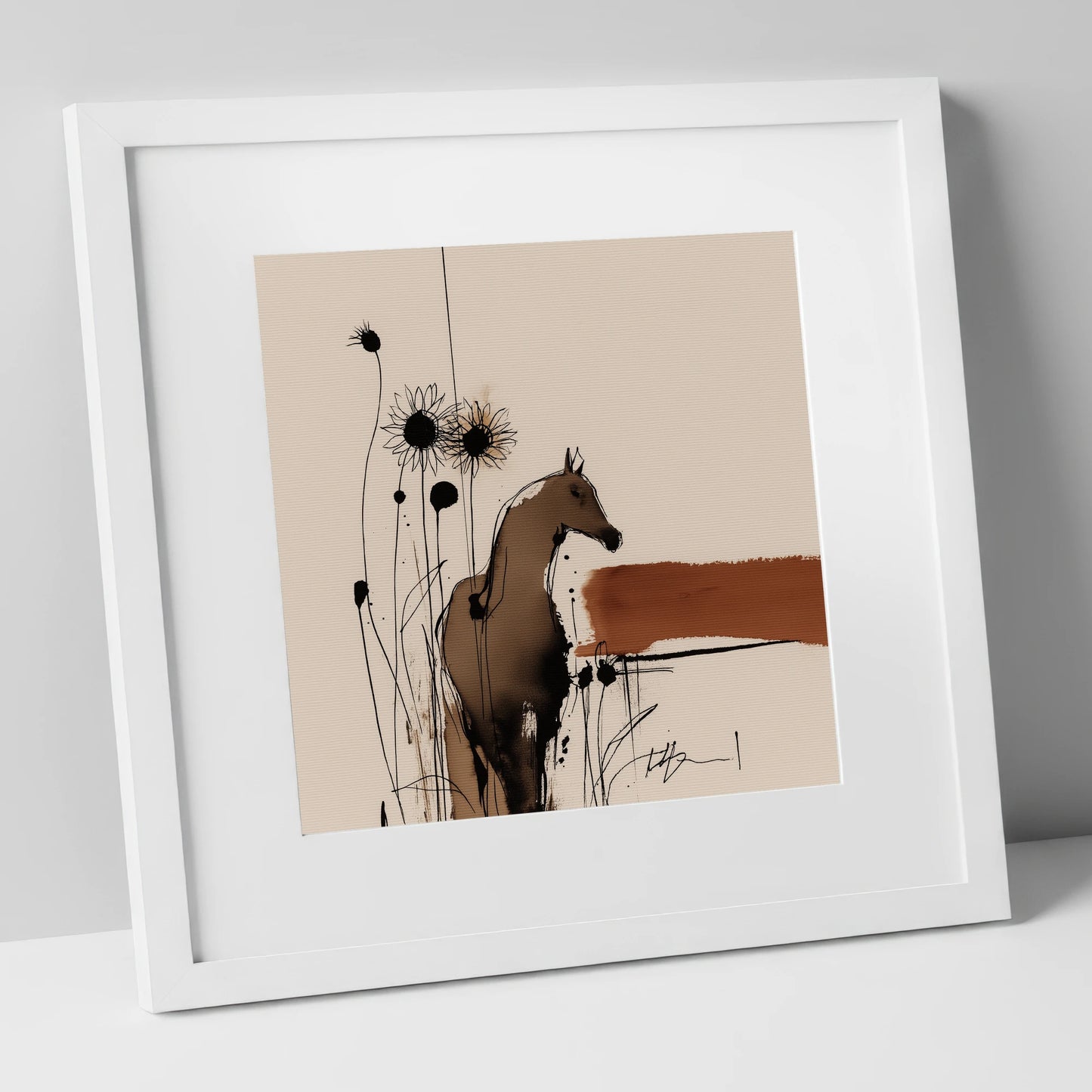 Rust and Shadows horse portrait art print in white frame