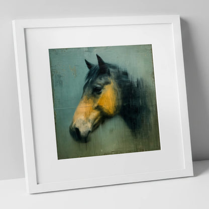 Teal and Ochre Profile horse portrait art print in white frame
