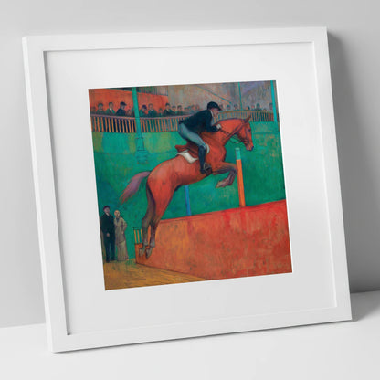 Emerald Arena Flight show jumping horse art print in white frame