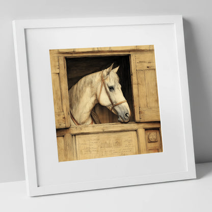 The Draftsman's Grey horse stable art print in white frame