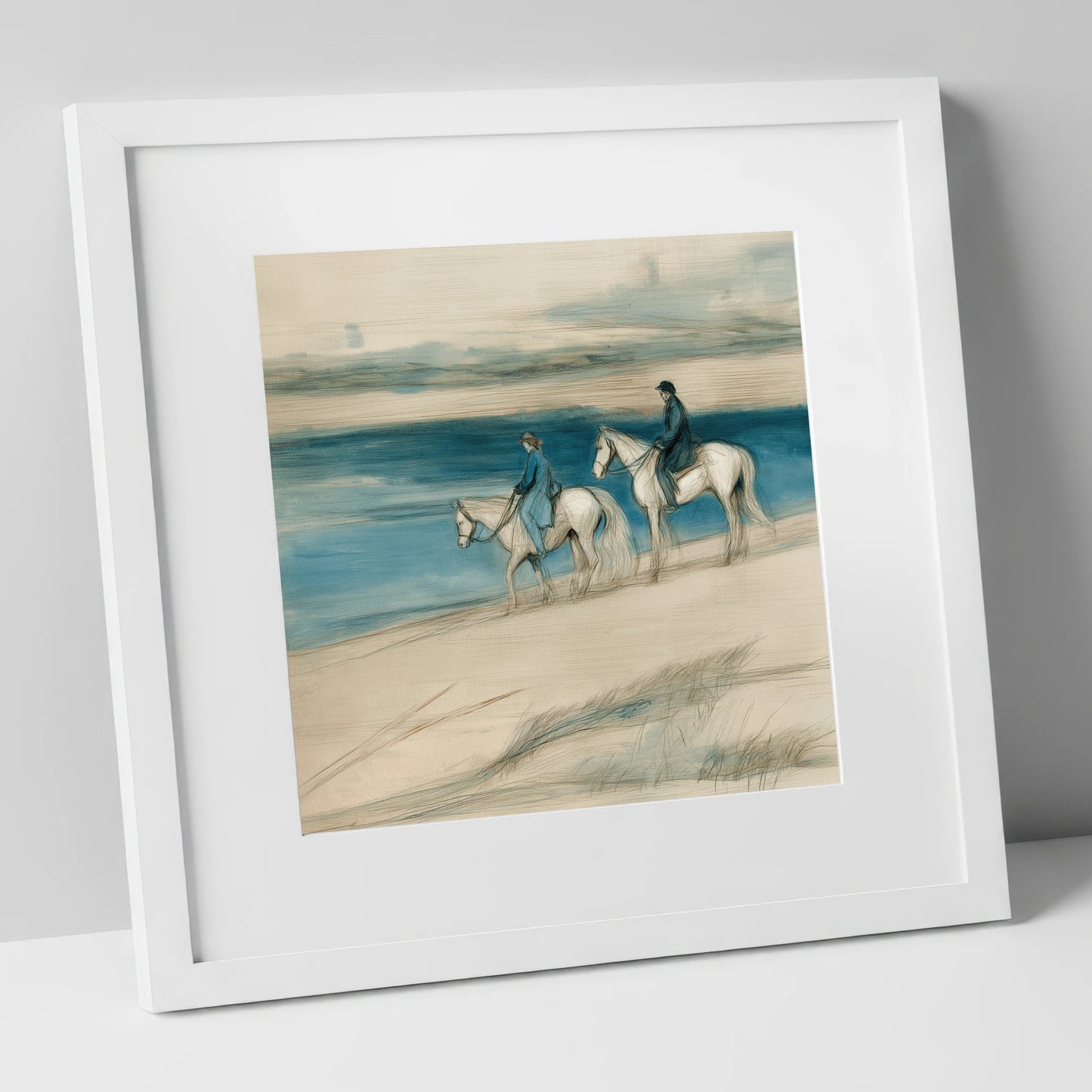 Tide Line Companions beach horse art print in white frame