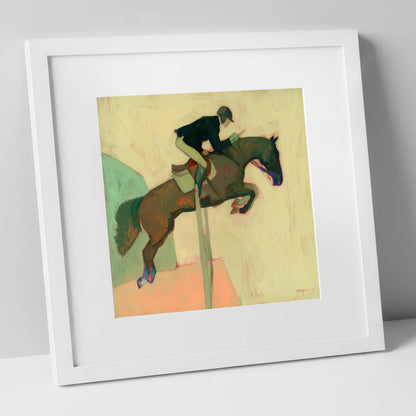 Suspended in Flight show jumping horse art print in white frame