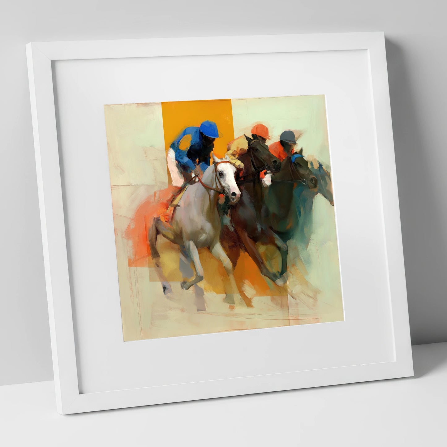 Surge to the Line racing horse art print in white frame