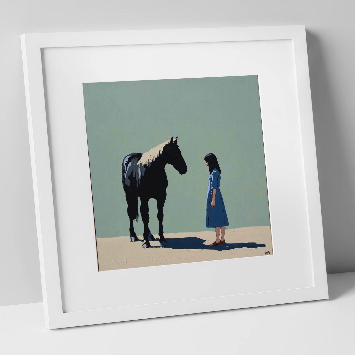 Quiet Understanding horse & rider art print in white frame