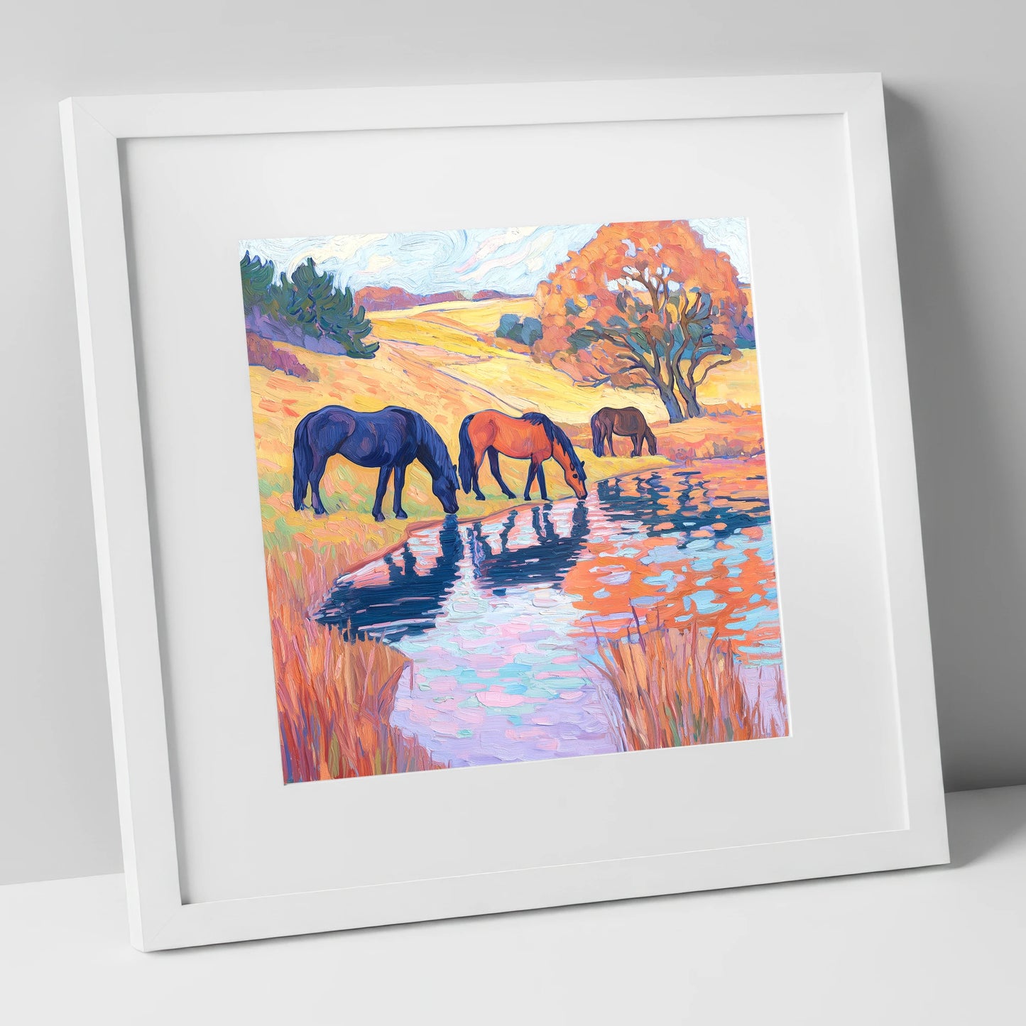 Painted Pasture Reflections horse landscape art print in white frame