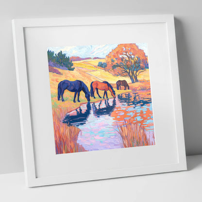Painted Pasture Reflections horse landscape art print in white frame