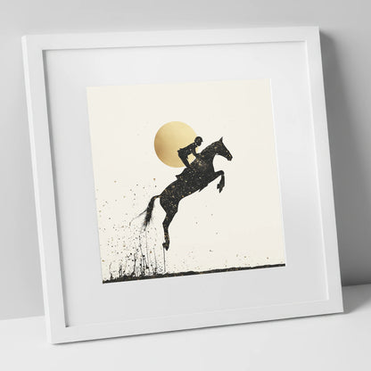 Golden Flight show jumping horse art print in white frame