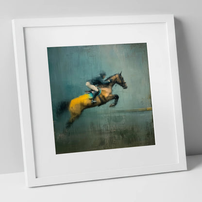 Suspended Energy show jumping horse art print in white frame