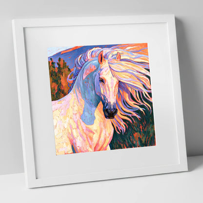 Colourful Andalusian Stallion Portrait horse breed art print in white frame
