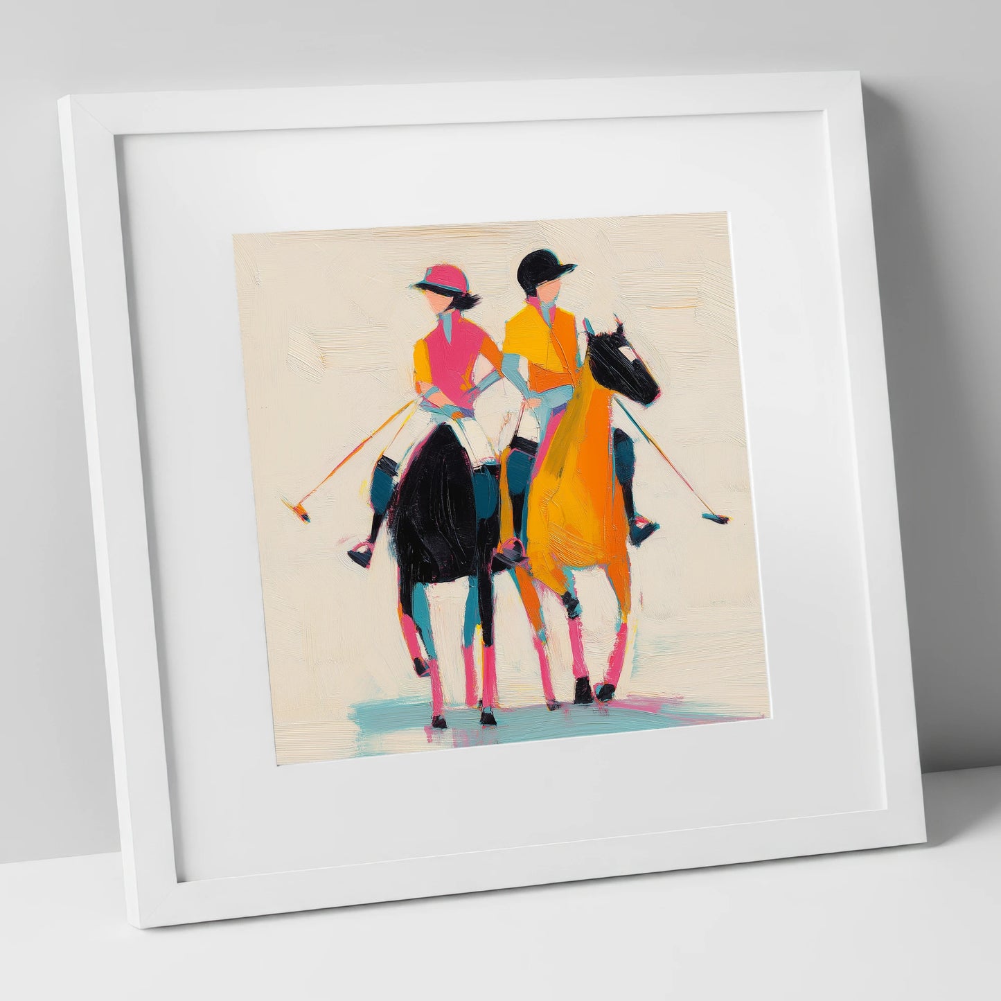High Goal Hues polo horse art print in white frame
