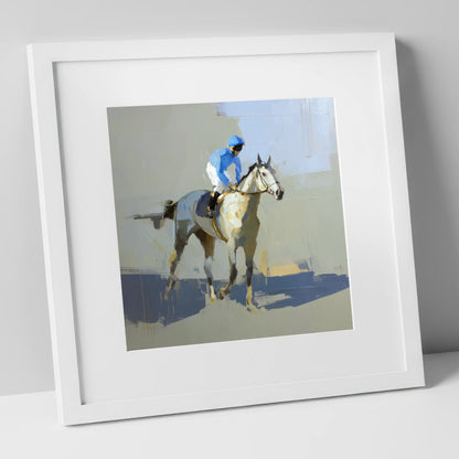 Blue Silks and Shadows racing horse art print in white frame