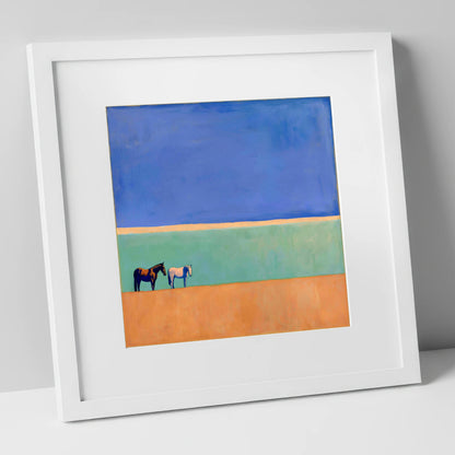 Sunlit Plain horse landscape art print in white frame