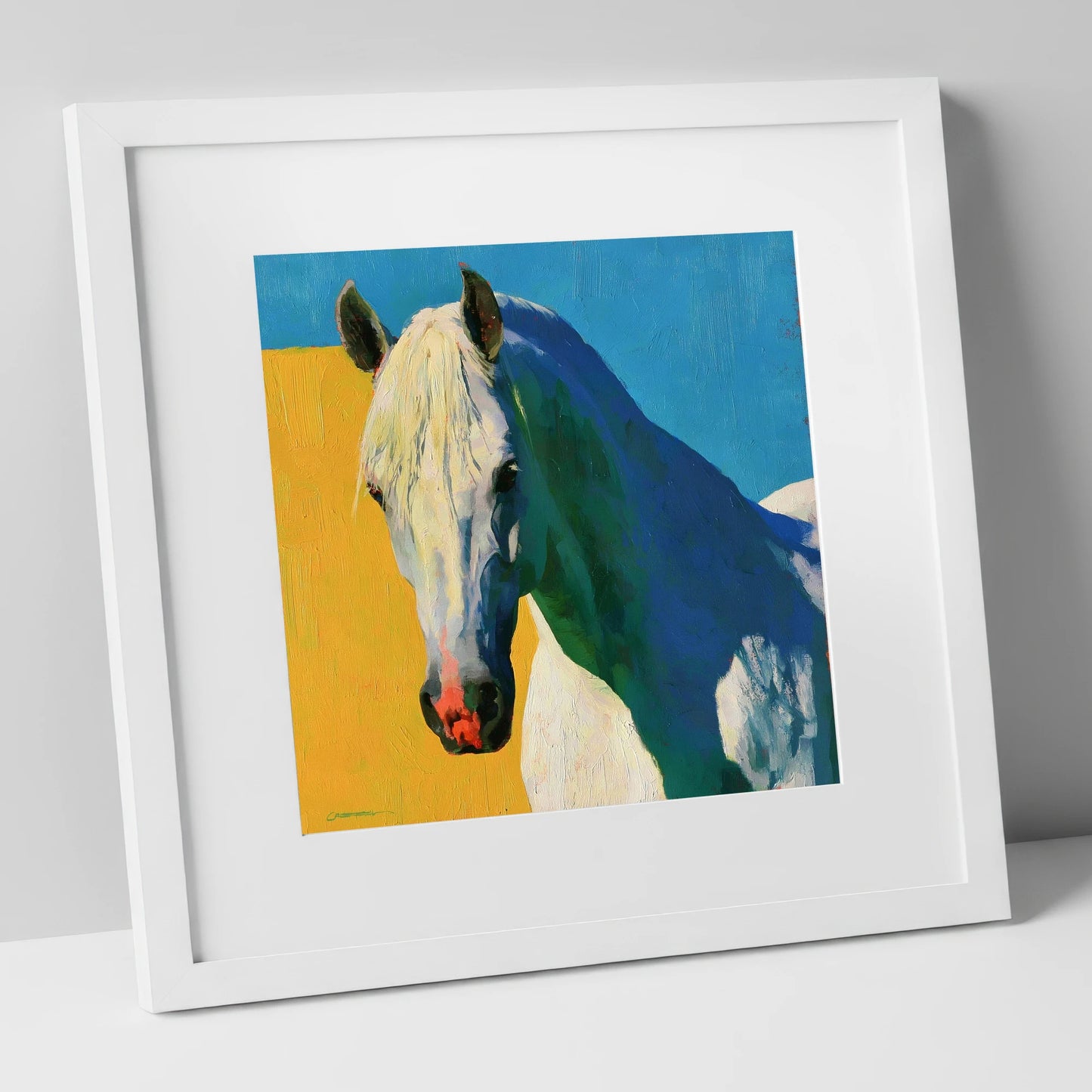 Grey Horse in Vibrant Sunlight horse breed art print in white frame