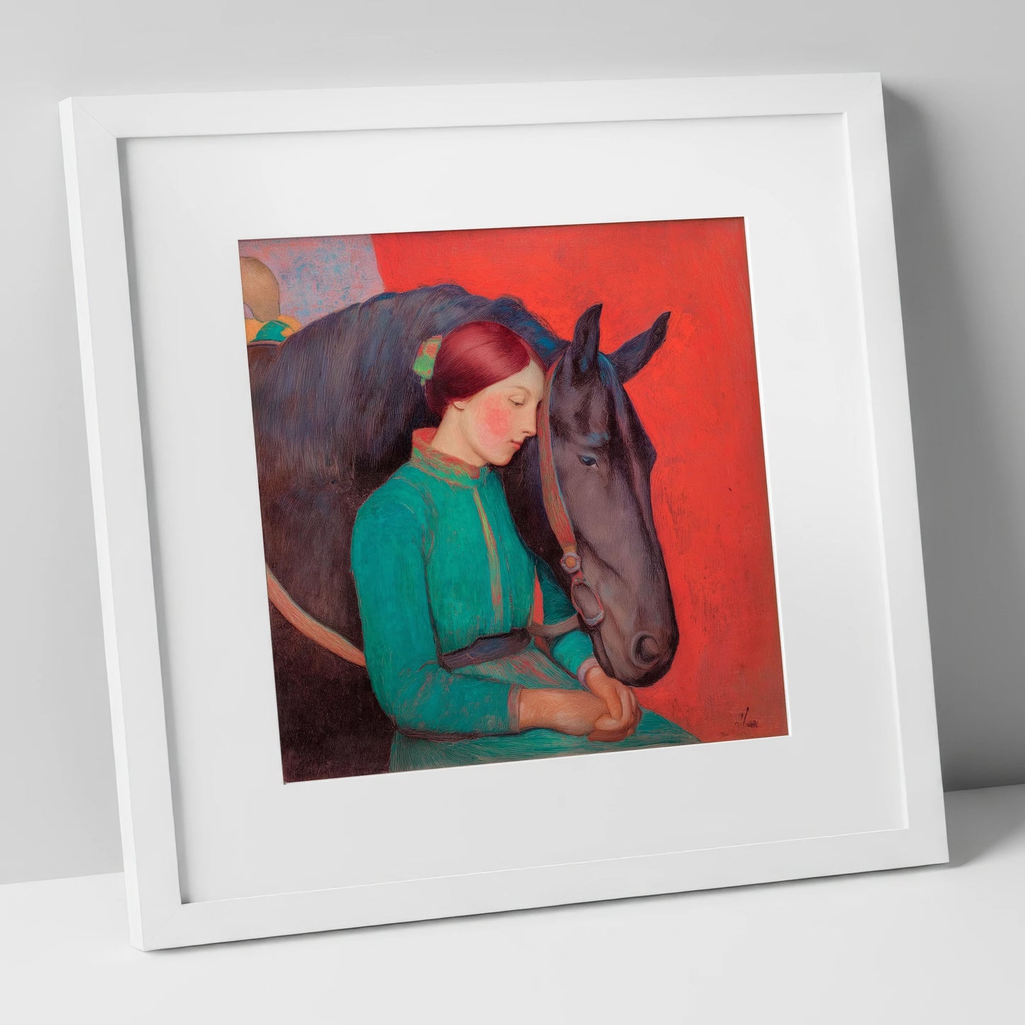 Silent Understanding horse & rider art print in white frame