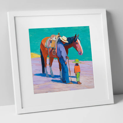Sunlit Companions horse & rider art print in white frame