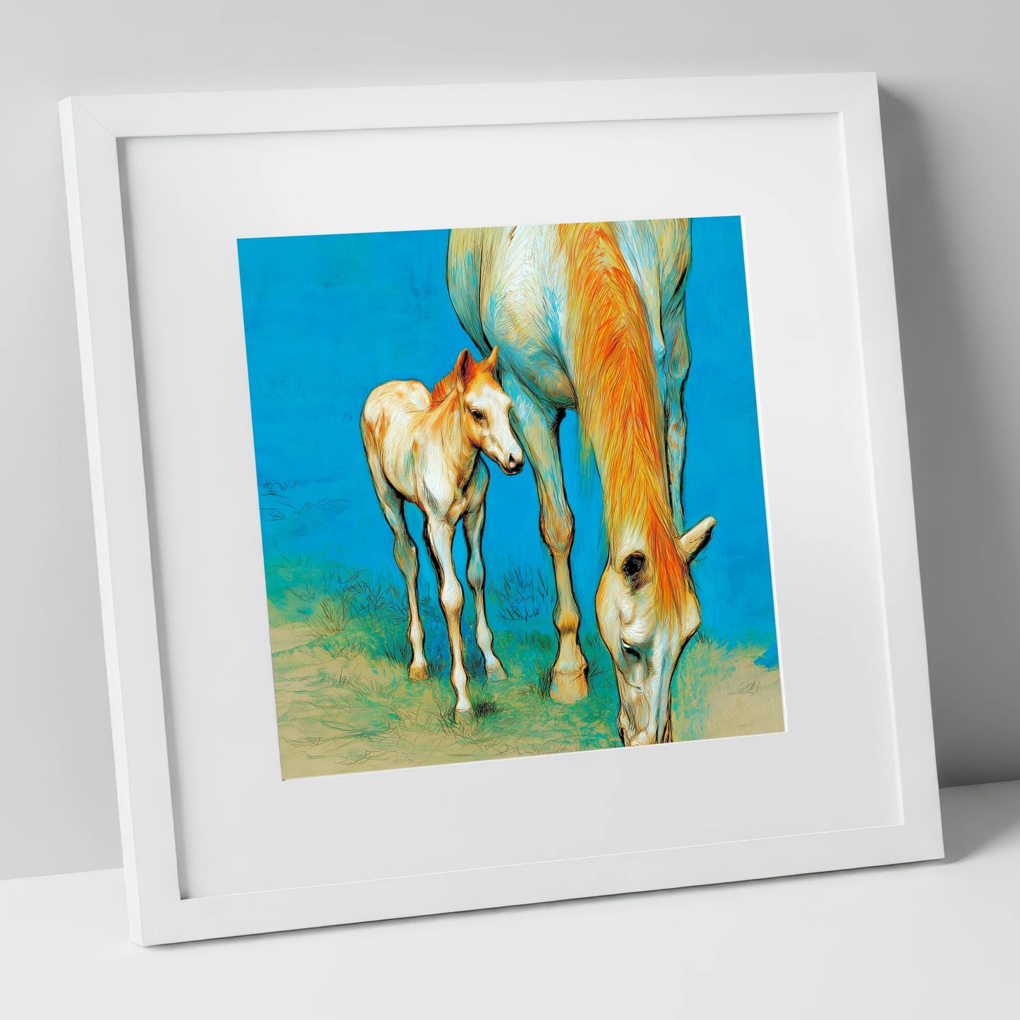 Nurture and Nature mare & foal art print in white frame