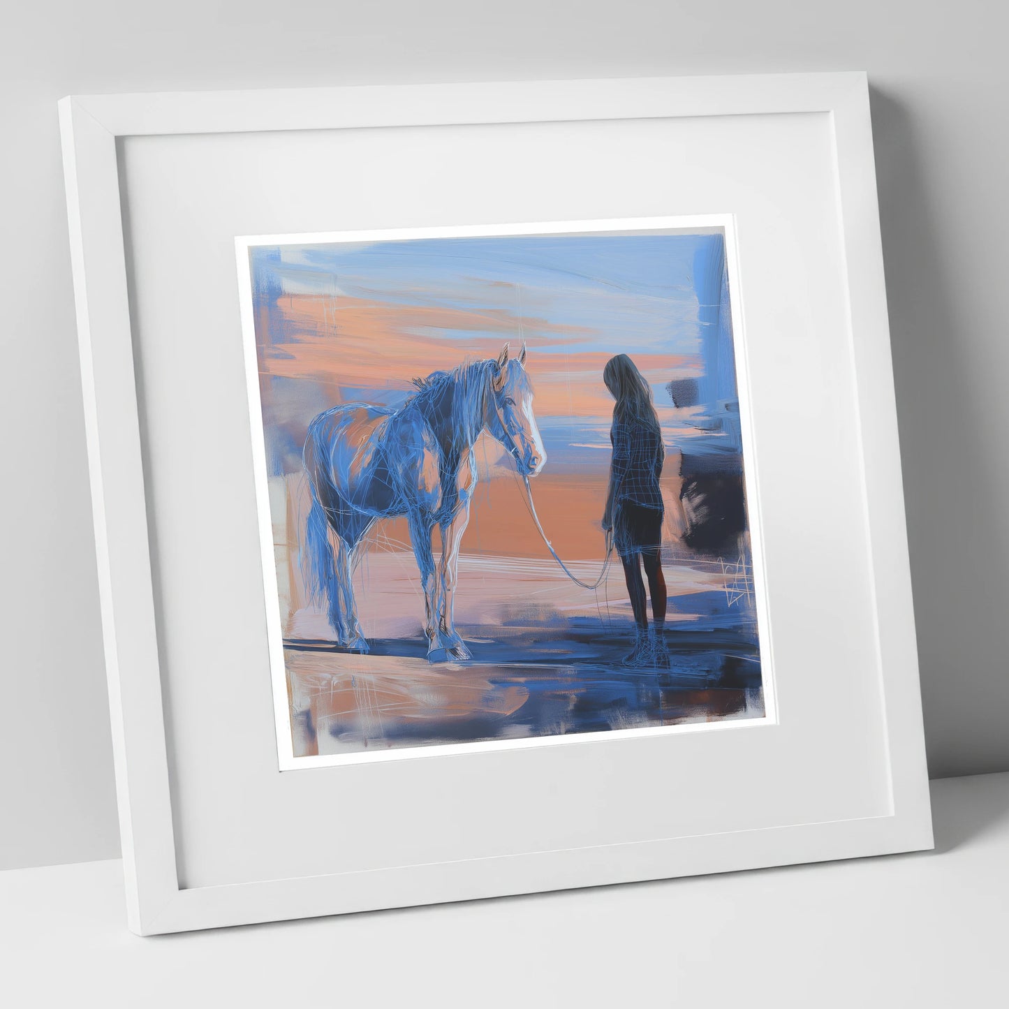 The Quiet Language horse & rider art print in white frame