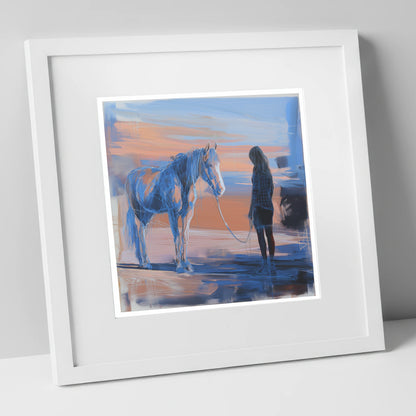 The Quiet Language horse & rider art print in white frame