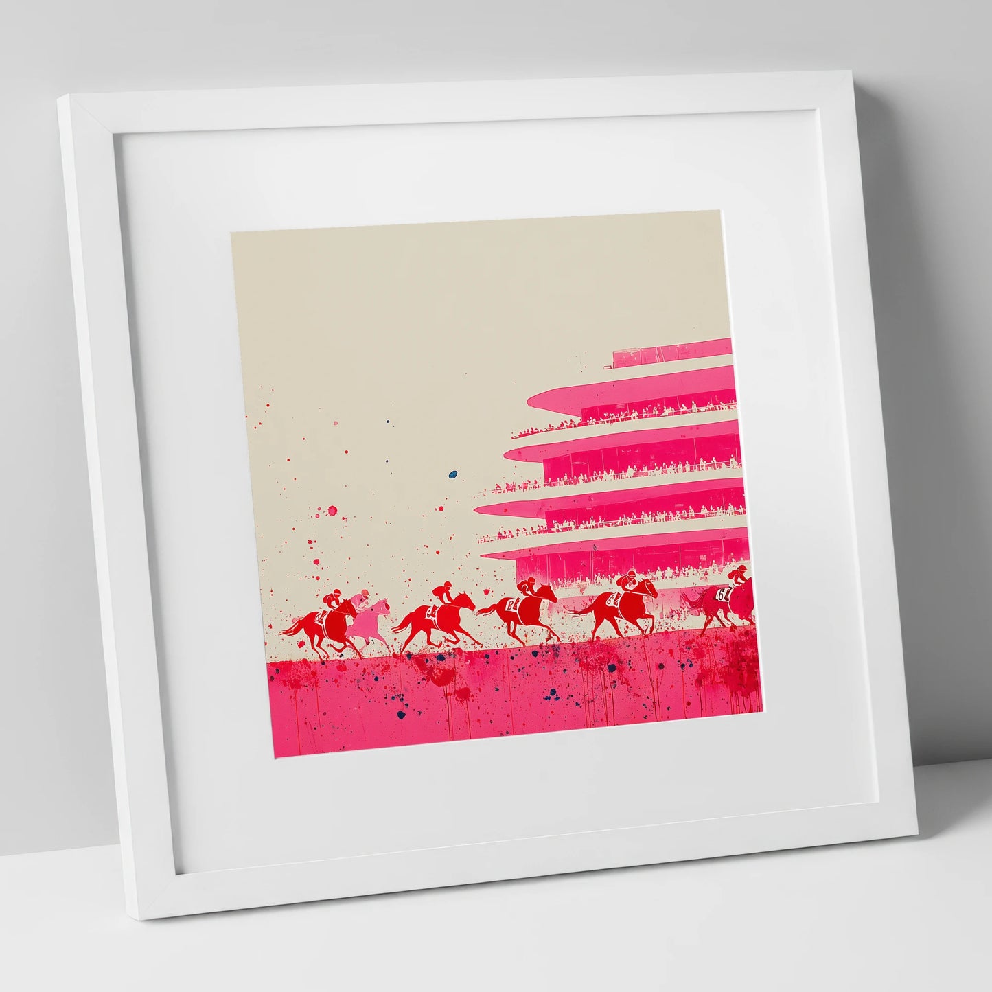 Magenta Grandstand Sprint racing horse art print in white frame