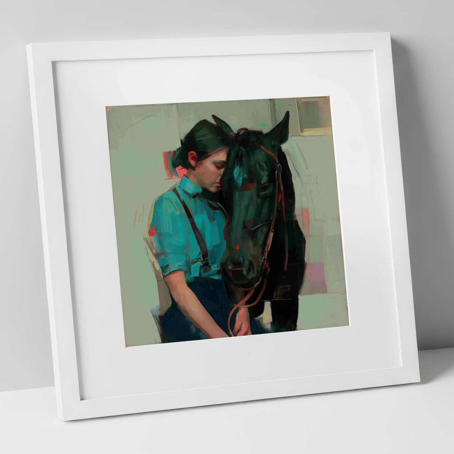 A Quiet Understanding horse & rider art print in white frame
