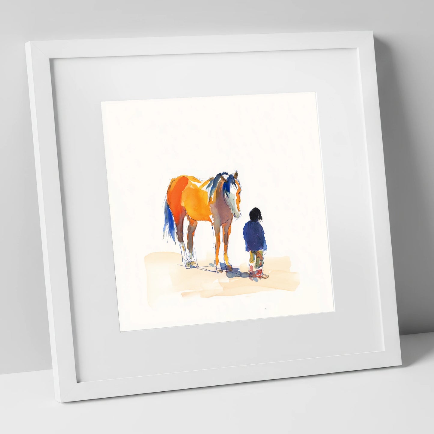 Vibrant Connection horse & rider art print in white frame