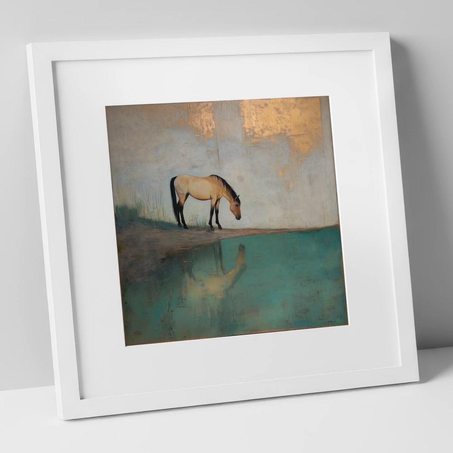 Gilded Equine Reflection horse landscape art print in white frame