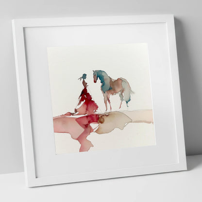 Ethereal Bond horse & rider art print in white frame