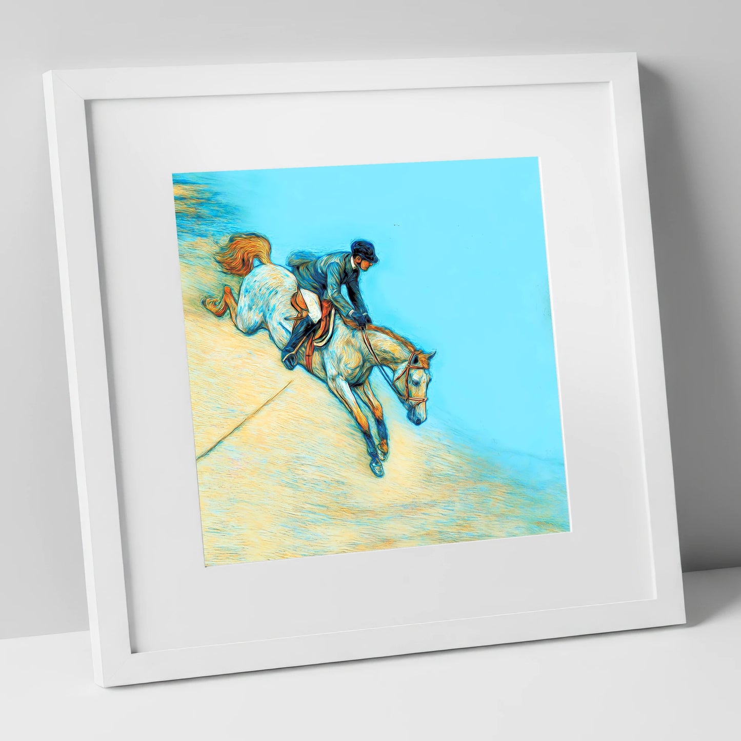Bold Cerulean Flight show jumping horse art print in white frame