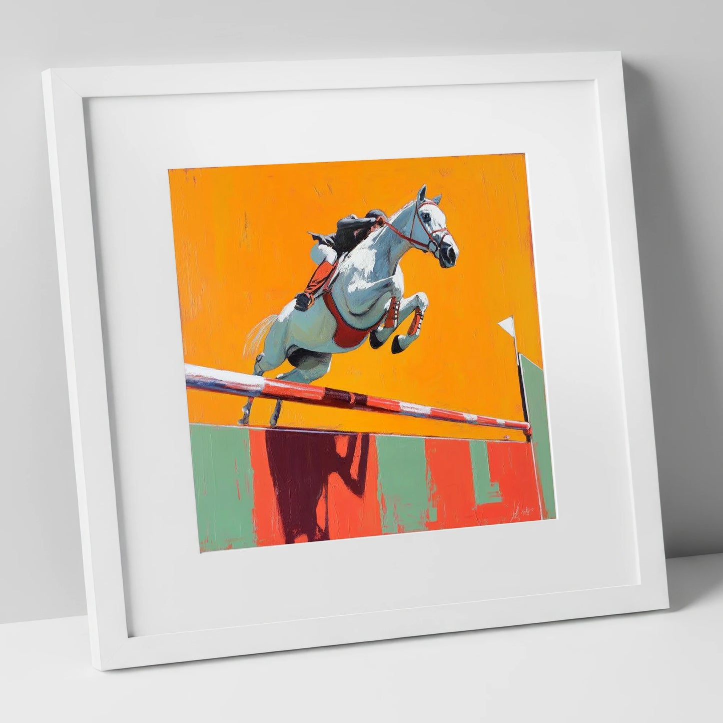 Power In Flight show jumping horse art print in white frame