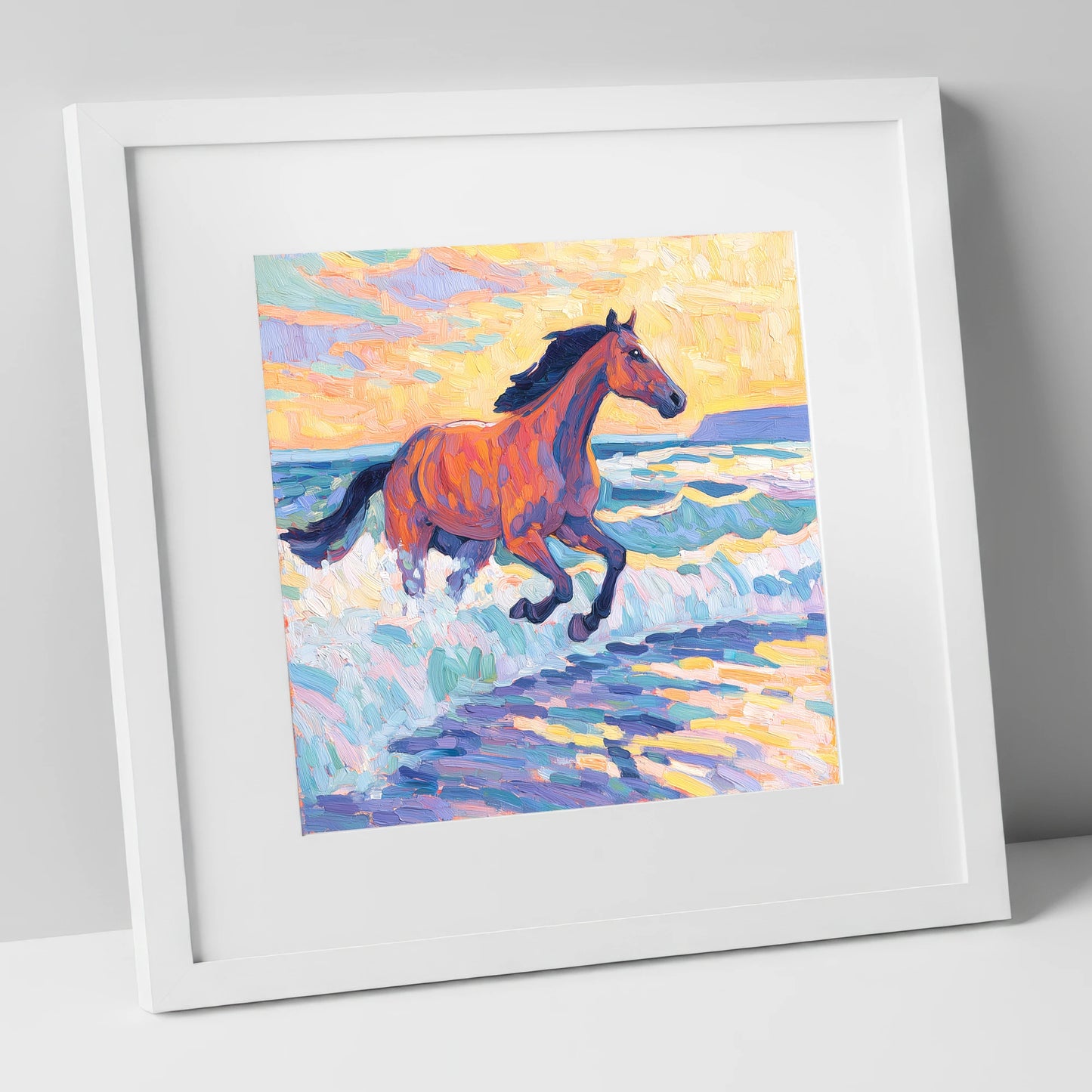 Painted Tide Canter beach horse art print in white frame