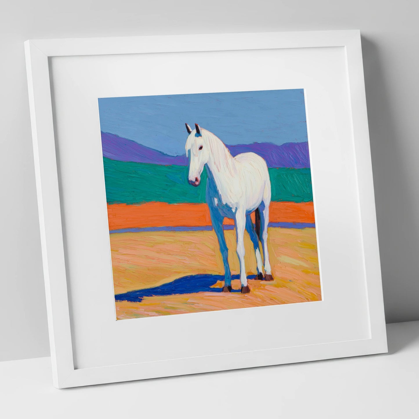 The Vibrant Grey horse breed art print in white frame