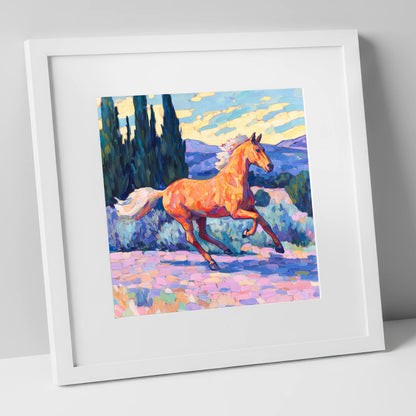 Vibrant Golden Canter horse breed art print in white frame