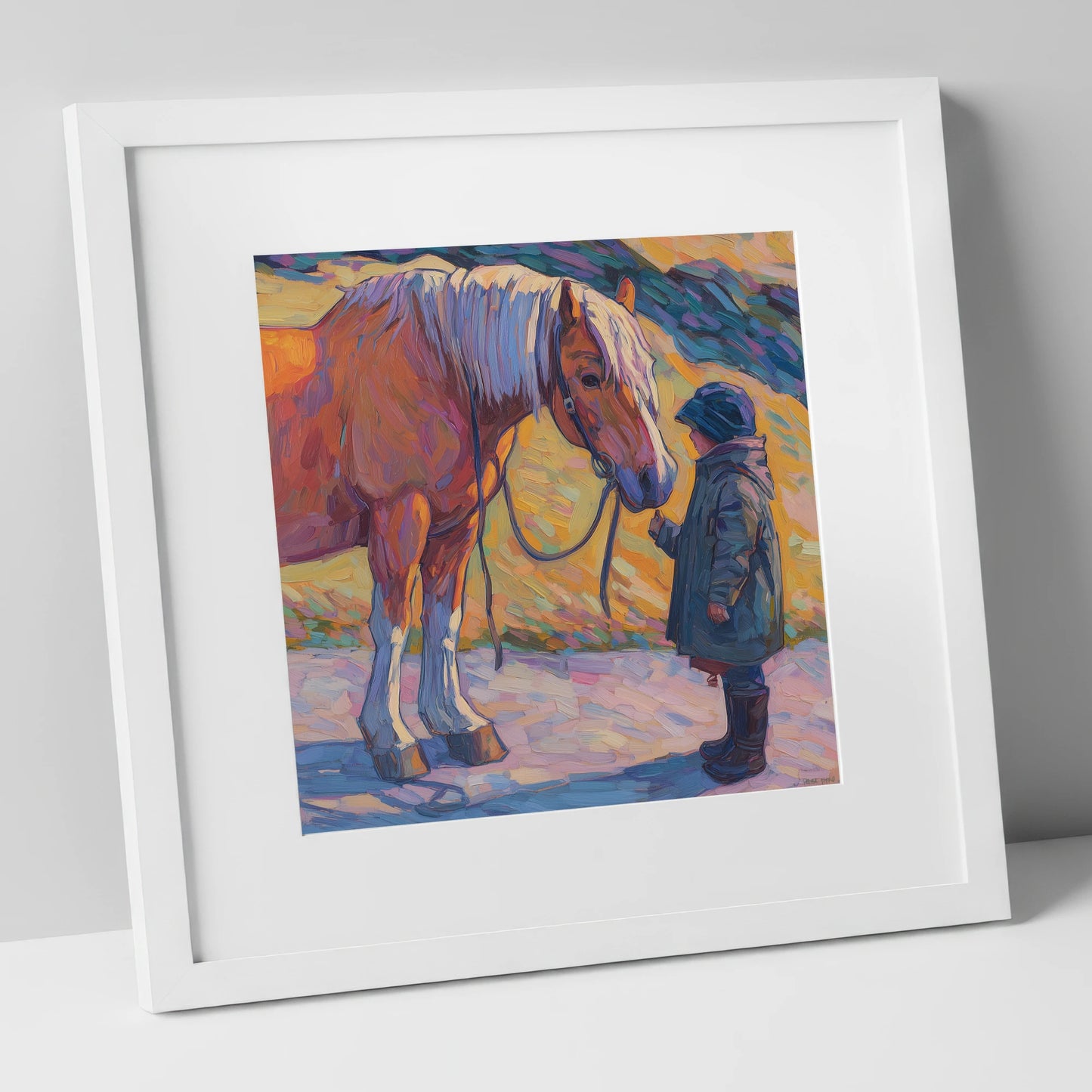A Gentle Exchange horse & rider art print in white frame