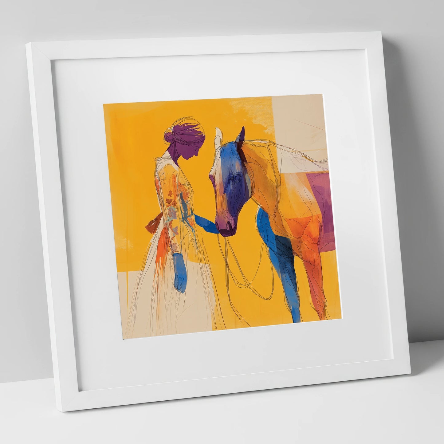 Vibrant Connection horse & rider art print in white frame