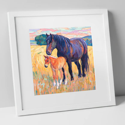 Vibrant Bond Mare and Foal mare & foal art print in white frame