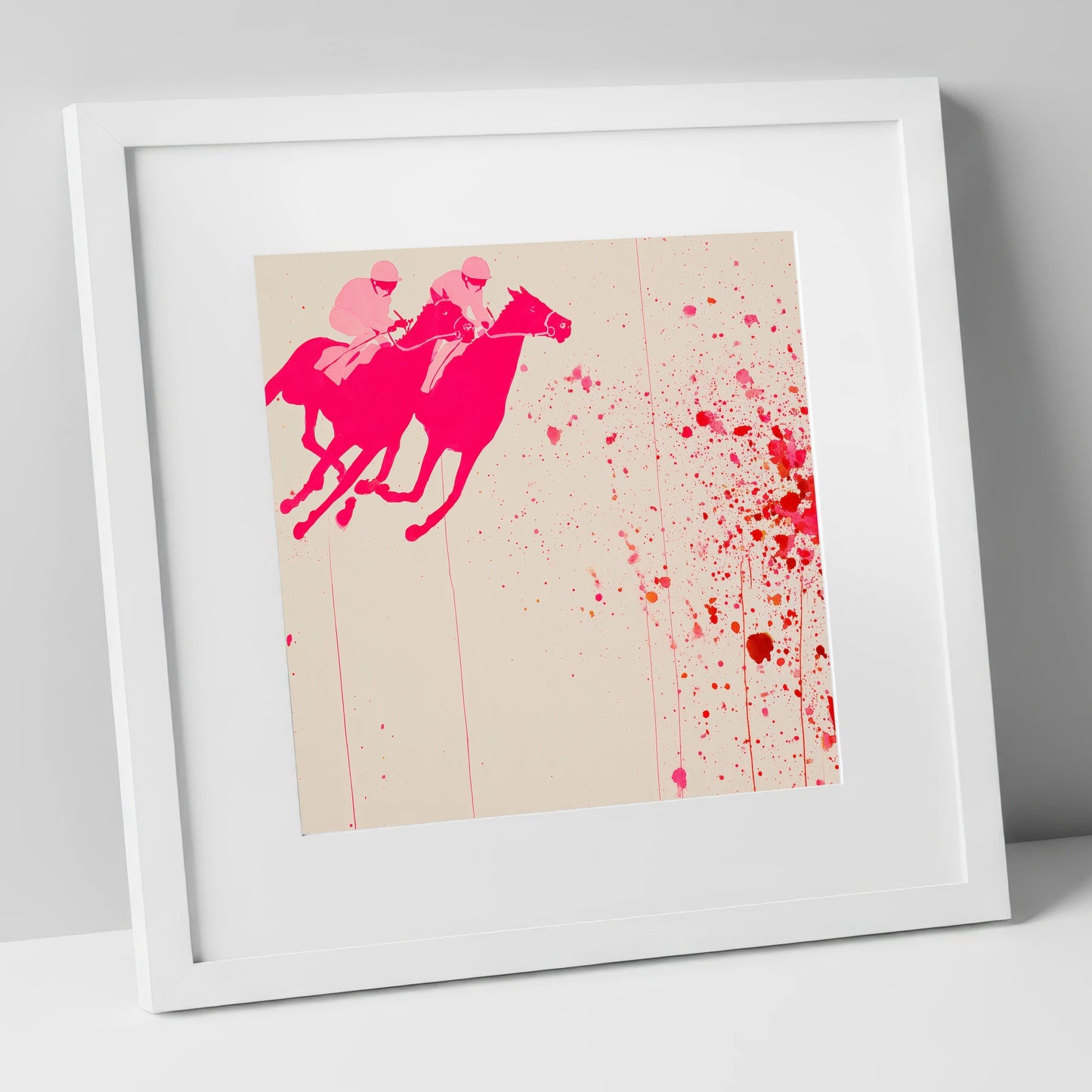 Vibrant Photo Finish racing horse art print in white frame