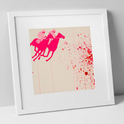 Vibrant Photo Finish racing horse art print in white frame