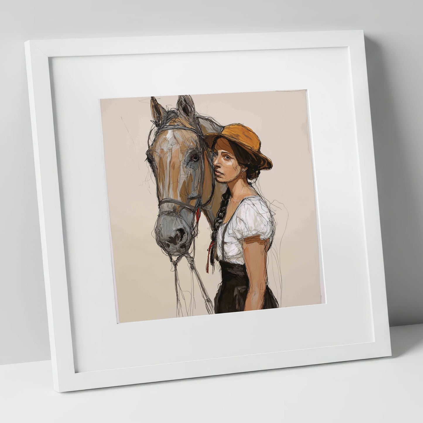 Unspoken Bond horse & rider art print in white frame