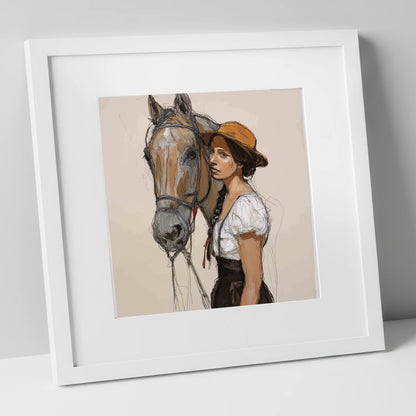 Unspoken Bond horse & rider art print in white frame