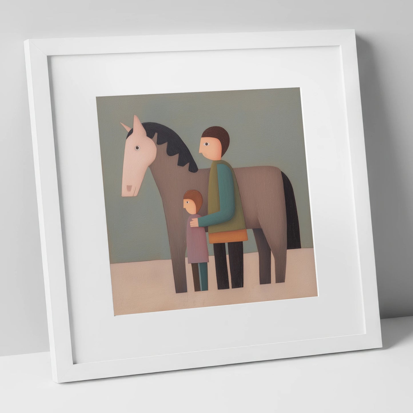 Standing Together horse & rider art print in white frame
