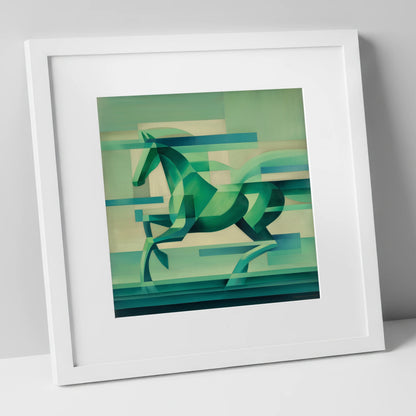 Abstract Emerald Canter horse portrait art print in white frame
