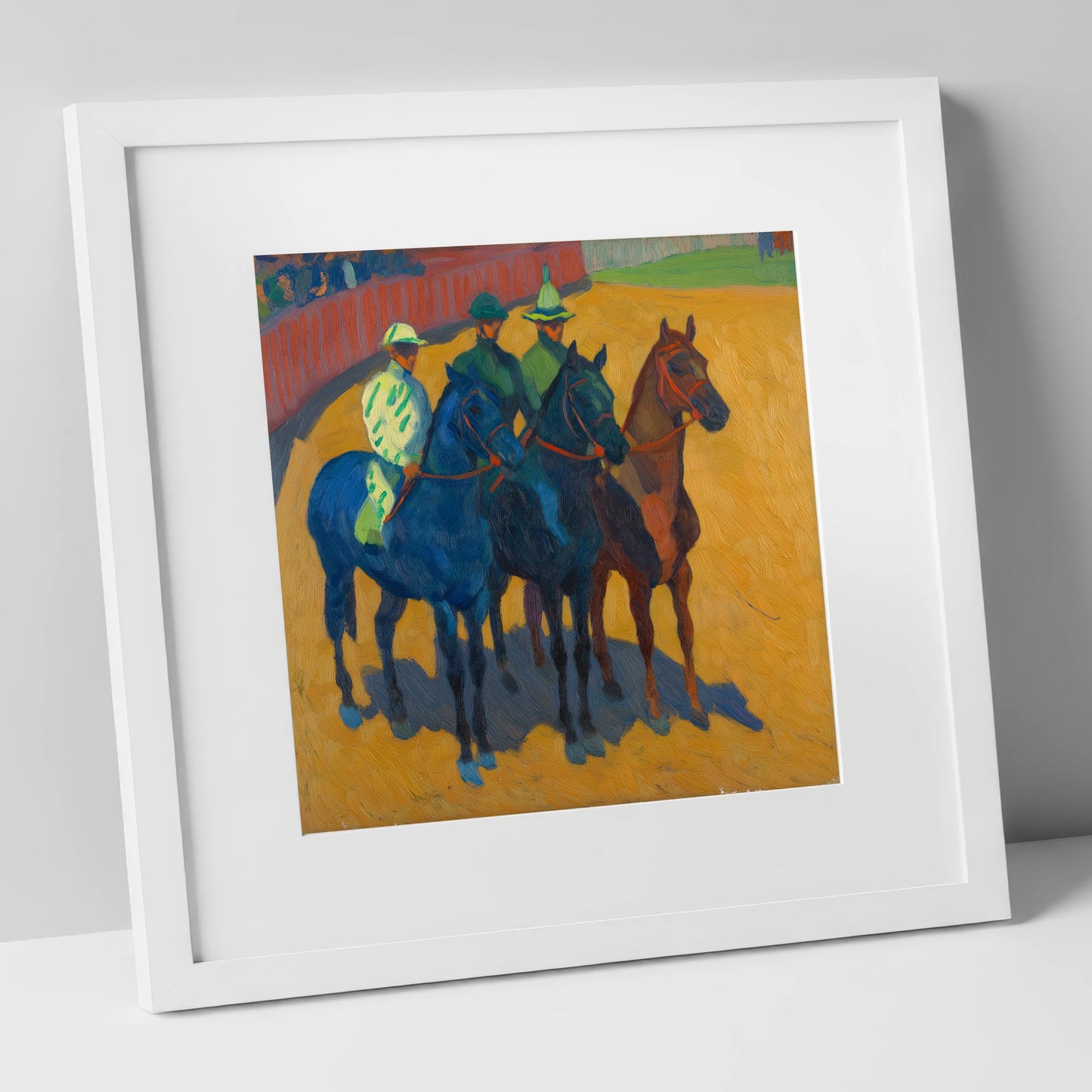 Anticipation in the Ring racing horse art print in white frame