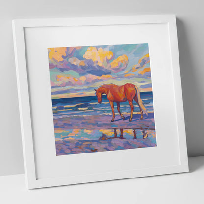 Vivid Coastal Solitude horse landscape art print in white frame
