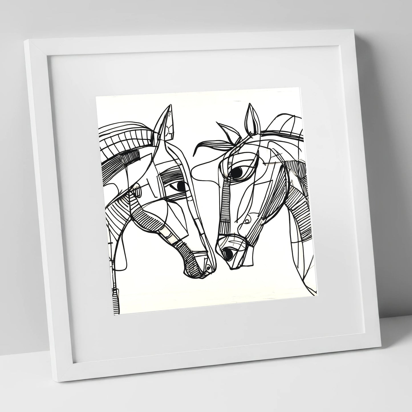 Linear Equine Connection horse portrait art print in white frame