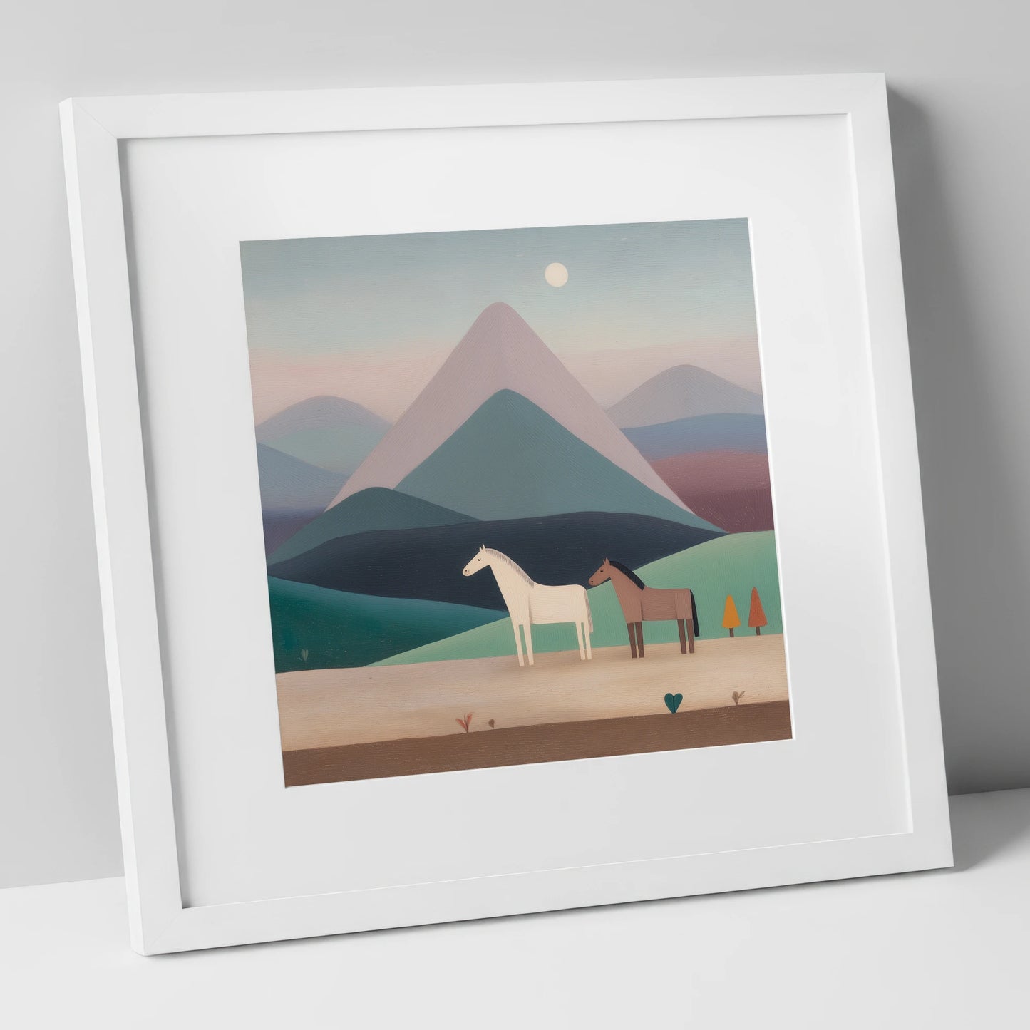 Tranquil Valley Companions horse landscape art print in white frame