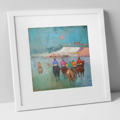 Heading to the Post racing horse art print in white frame